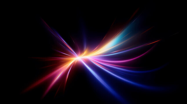  light painting photography. Vibrant streaks of multicolor neon light against dark background. Bright rays of glowing light