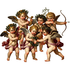 A group of cherubs, some playing musical instruments and others holding wreaths, in a classical art style.
