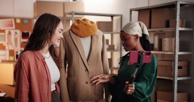 People, clothes or talk on live stream with phone for content creation, marketing and ecommerce sale. Women, chat with fashion design on social media for brand advertising, retail and small business.