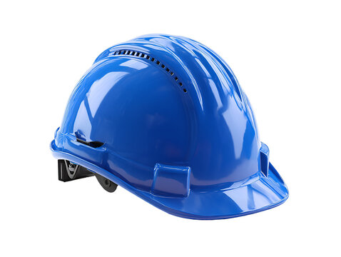 Bright blue hard hat with reflective stripes on black background