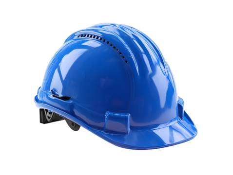 Bright blue hard hat with reflective stripes on black background