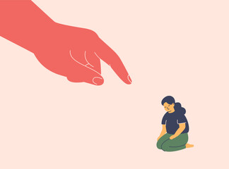 unhappy child is under pressure from an authoritarian adult. big human hand points on small sad girl sitting on the floor. pressure and abuse in the family on kids. vector illustration