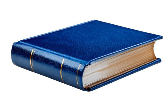A vintage blue leather bound book on a black background