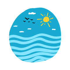 Abstract hand-drawn ocean wave with sun, clouds, and birds