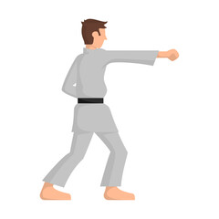 Male martial artist in a grey gi with a black belt throwing a punch, a vector concept of combat sport training