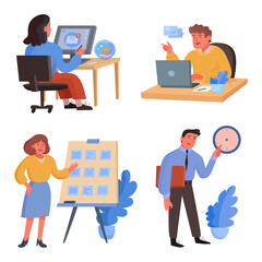 Modern business activities with diverse professionals collaborating, creating, and managing tasks, illustrating contemporary workplace scenarios