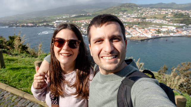 Selfie with cityscape of Horta from Monte da Guia