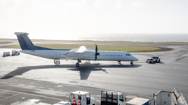 Horta Airport on Faial island, Azores, with airplane visible