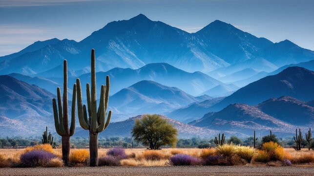 Serene desert vista with saguaro cacti and layered blue mountains