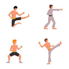 Vector illustration set of young men practicing combat sports with different fighting and kicking poses