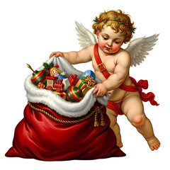 A cherubic angel with wings and a red ribbon is pulling gifts out of a large red sack.