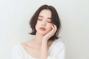 やさしい光の中で目を閉じる女性 ― 穏やかな時間のポートレート