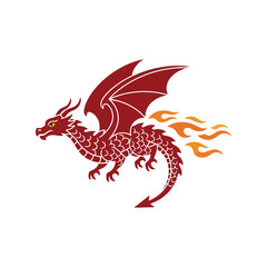Stylized red dragon with wings and fire coming from tail, vector illustration Vector, illustration