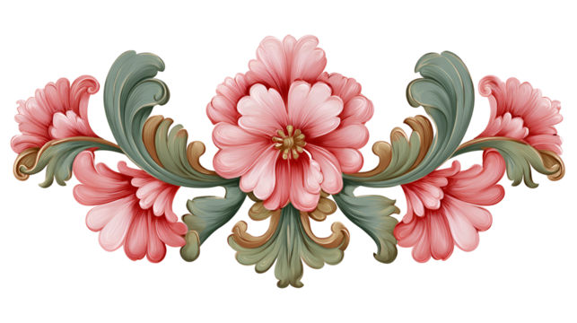 Ornate pink floral swirls with green foliage on black background