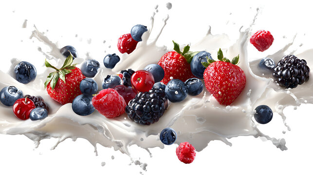 Fresh berries splashing into creamy white liquid against a black background