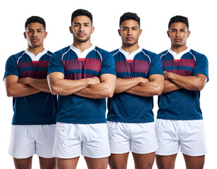 Obraz premium Four Rugby Players Standing Shoulder-to-Shoulder, Arms Crossed, Front View, Isolated PNG