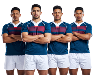 Four Rugby Players Standing Shoulder-to-Shoulder, Arms Crossed, Front View, Isolated PNG