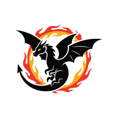 Black dragon emblem with fire ring   mythical creature logo design Vector, illustration