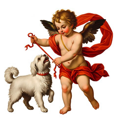 Classical painting of a cherub angel with wings walking a small white fluffy dog on a red leash, isolated on a white background.