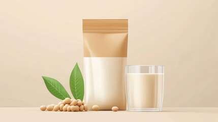 A minimalist display featuring a package of soy milk, a glass of the beverage, soybeans, and green leaves against a soft beige background.
