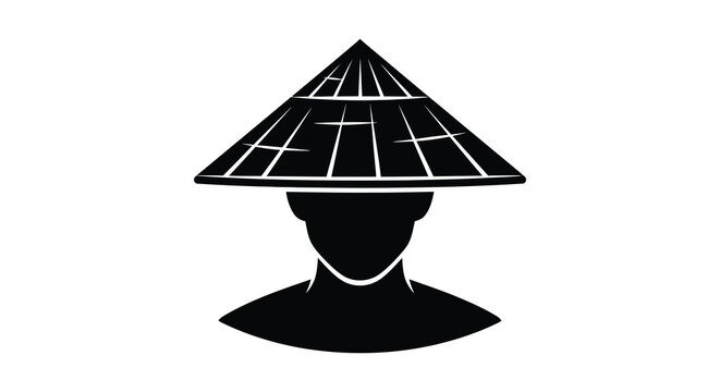 Traditional asian conical hat worn by a person depicted as a stark black silhouette against a white background silhouette