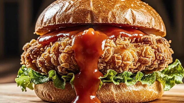 Close Up of Savory Sauce Pouring on a Crispy Fried Chicken Burger.