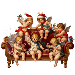 Vintage Christmas angels sitting on a red couch.