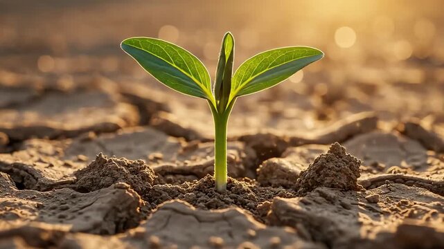 Time Lapse of a New Green Sprout Growing From Dry Cracked Soil.