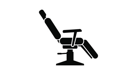 A stark black silhouette of a dental examination chair with adjustable features and a headrest on a white background