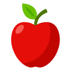A vibrant red apple with a green leaf and stem a simple silhouette isolated on white background