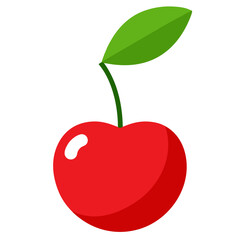 A simple red cherry with a green leaf and stem silhouette isolated on white background