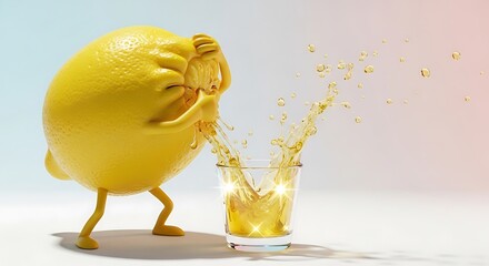 A humorous anthropomorphic lemon character with a distressed expression squeezes itself into a small glass of juice creating a splash