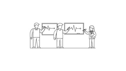 Team analyzes data on whiteboards