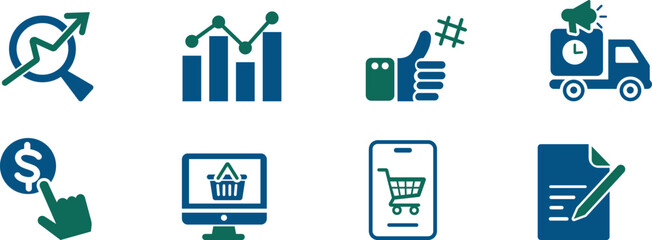 Flat vector icon set representing digital marketing, social media, and online promotion. Perfect for websites, ads, SEO, branding, and business campaigns.