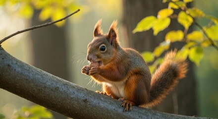 Fototapeta premium Small furry creature perched on a tree branch, eating a nut
