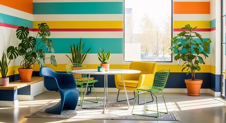 Obraz premium Modern interior design with colorful striped walls and potted plants