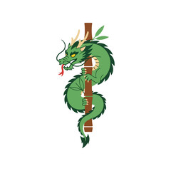 Green dragon coiled around bamboo tree   traditional asian illustration Vector, illustration