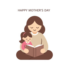 Happy mother's day illustration: mother and daughter reading a book together, warm bonding moment. Vector, illustration