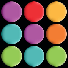 Shiny 3D Circle Button Icons – Glossy Round Web Interface Elements – Color Glass Sphere UI Buttons Set for Apps and Websites – Vector Design in Green, Orange, Pink, Yellow, Blue