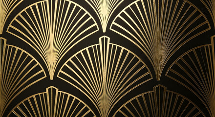 Golden art deco pattern with radiating lines on black background repeating seamlessly design element