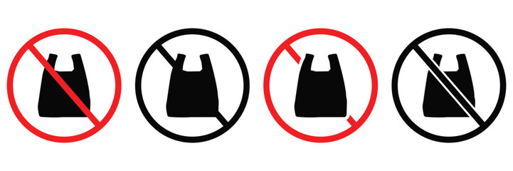 No Plastic Bag Prohibition Icon – Red Ban Symbol and Green Sustainable Packaging Vector
