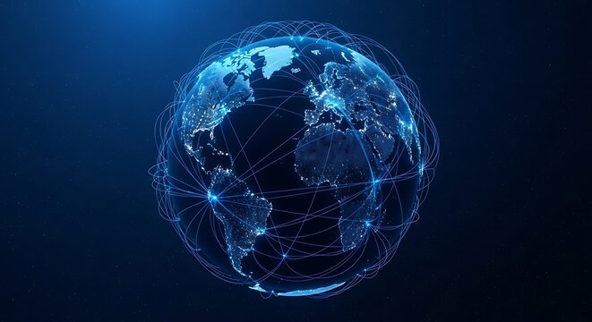 An abstract glowing blue digital sphere with intricate geometric patterns and light effects against a dark background