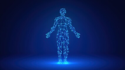 Futuristic human body hologram for medical science or technology presentation background with glowing blue lights