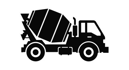 A stark black silhouette of a concrete mixer truck on a white background representing construction and industry silhouette
