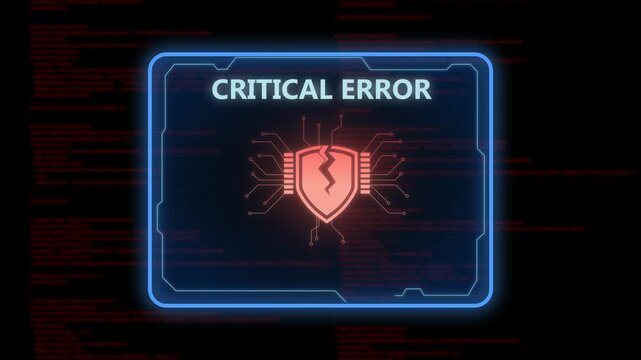 Critical Error warning animation showing a cracked shield icon as the system is under attack, recovery attempt fails and stops, symbolising total system breakdown, system crash, and data corruption.