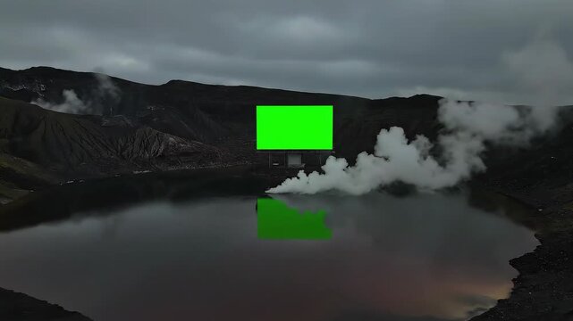 A vast volcanic crater lake with steaming vents under a cloudy sky