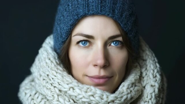 A person with expressive blue eyes wears a blue knit hat and a chunky white scarf framed by a dark backdrop