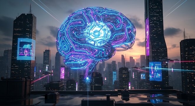 A futuristic cityscape at dusk illuminated by a colossal glowing orb of intricate blue and purple lights hovering above towering skyscrapers