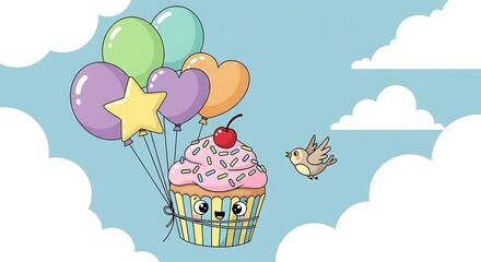 Whimsical Cupcake Adventure - A Sweet Flight Through Cloudy Skies.