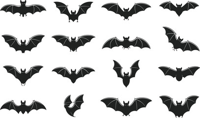 Collection of black bat silhouettes on white background, Halloween flying bats vector icons set for spooky design, decorations, and graphics